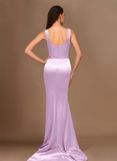 Sheath/Column Silk Like Satin Bridesmaid Dresses With Ruffle/High Split