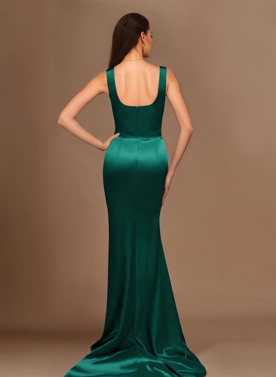 Sheath/Column Silk Like Satin Bridesmaid Dresses With Ruffle/High Split