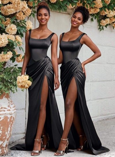 Sheath/Column Silk Like Satin Bridesmaid Dresses With Ruffle/High Split