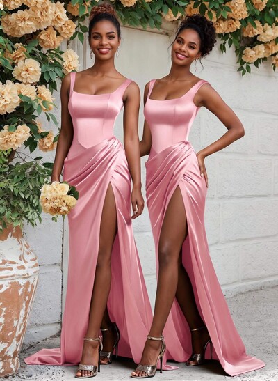 Sheath/Column Silk Like Satin Bridesmaid Dresses With Ruffle/High Split