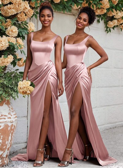 Sheath/Column Silk Like Satin Bridesmaid Dresses With Ruffle/High Split