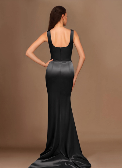 Sheath/Column Silk Like Satin Bridesmaid Dresses With Ruffle/High Split