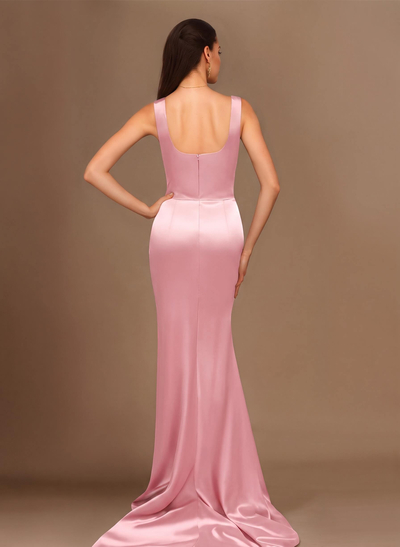 Sheath/Column Silk Like Satin Bridesmaid Dresses With Ruffle/High Split