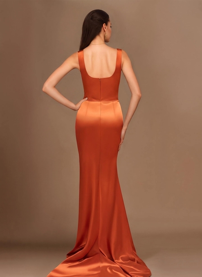 Sheath/Column Silk Like Satin Bridesmaid Dresses With Ruffle/High Split