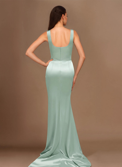 Sheath/Column Silk Like Satin Bridesmaid Dresses With Ruffle/High Split