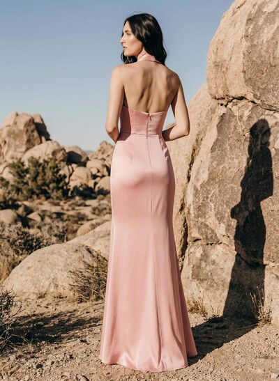 Sheath/Column Halter Sleeveless Silk Like Satin Bridesmaid Dresses With Split Front