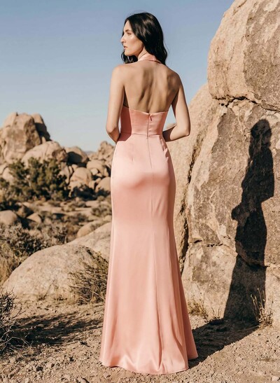 Sheath/Column Halter Sleeveless Silk Like Satin Bridesmaid Dresses With Split Front