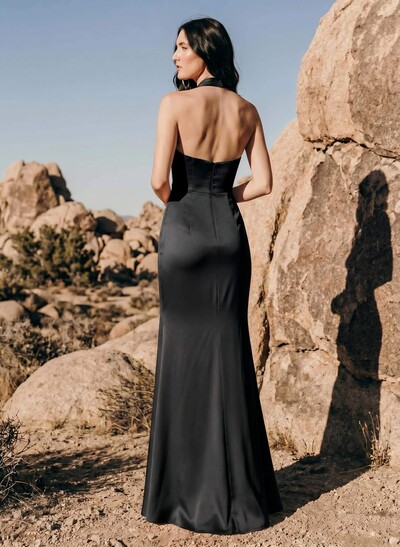 Sheath/Column Halter Sleeveless Silk Like Satin Bridesmaid Dresses With Split Front