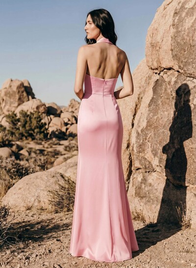 Sheath/Column Halter Sleeveless Silk Like Satin Bridesmaid Dresses With Split Front