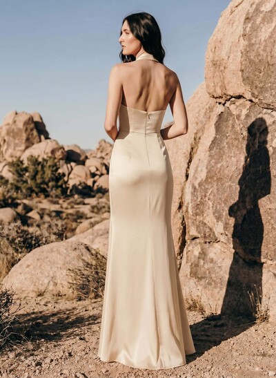 Sheath/Column Halter Sleeveless Silk Like Satin Bridesmaid Dresses With Split Front