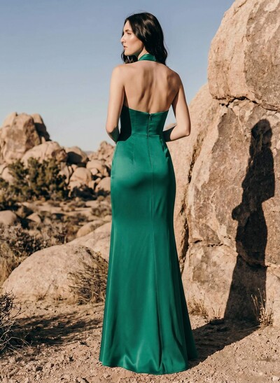 Sheath/Column Halter Sleeveless Silk Like Satin Bridesmaid Dresses With Split Front