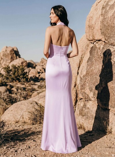 Sheath/Column Halter Sleeveless Silk Like Satin Bridesmaid Dresses With Split Front