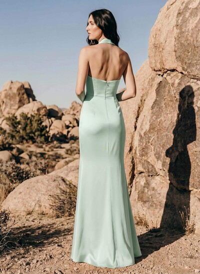 Sheath/Column Halter Sleeveless Silk Like Satin Bridesmaid Dresses With Split Front