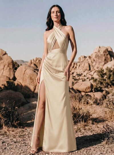 Sheath/Column Halter Sleeveless Silk Like Satin Bridesmaid Dresses With Split Front