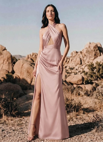 Sheath/Column Halter Sleeveless Silk Like Satin Bridesmaid Dresses With Split Front