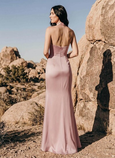 Sheath/Column Halter Sleeveless Silk Like Satin Bridesmaid Dresses With Split Front