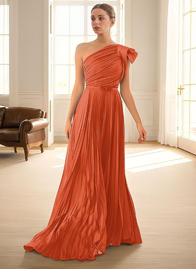 A-Line One-Shoulder Sleeveless Chiffon Bridesmaid Dresses With Pleated