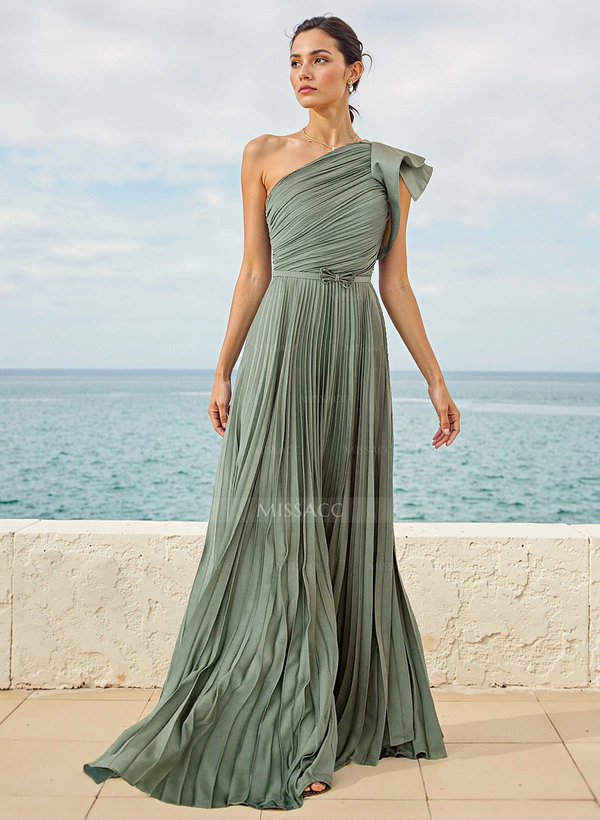 A-Line One-Shoulder Sleeveless Chiffon Bridesmaid Dresses With Pleated