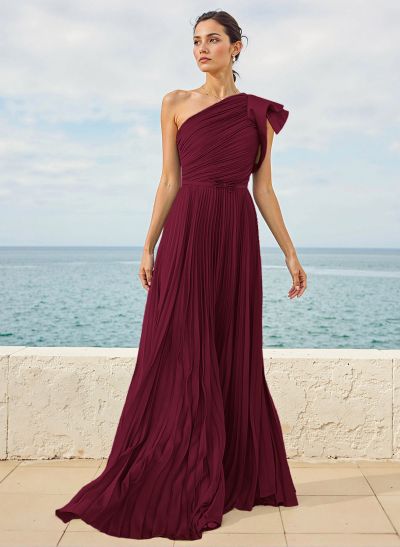 A-Line One-Shoulder Sleeveless Chiffon Bridesmaid Dresses With Pleated