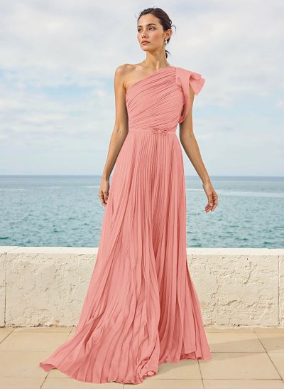 A-Line One-Shoulder Sleeveless Chiffon Bridesmaid Dresses With Pleated