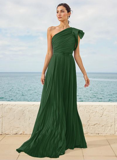 A-Line One-Shoulder Sleeveless Chiffon Bridesmaid Dresses With Pleated