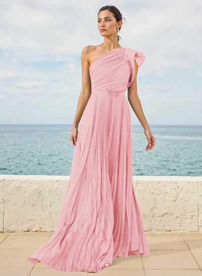 A-Line One-Shoulder Sleeveless Chiffon Bridesmaid Dresses With Pleated