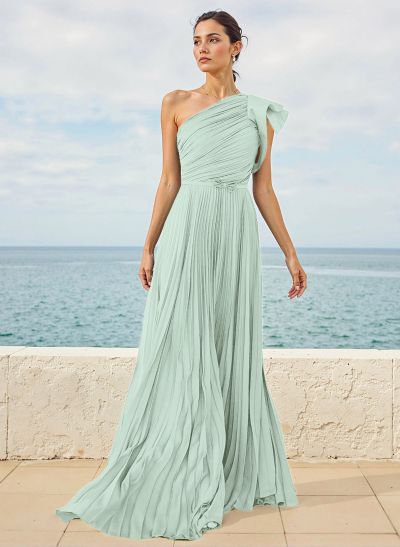 A-Line One-Shoulder Sleeveless Chiffon Bridesmaid Dresses With Pleated