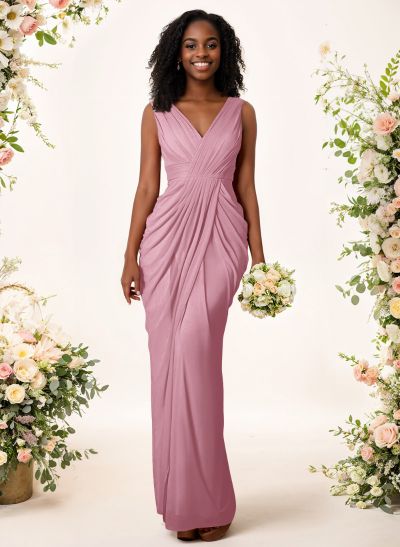 Sheath/Column V-Neck Sleeveless Floor-Length Chiffon Bridesmaid Dresses