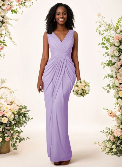 Sheath/Column V-Neck Sleeveless Floor-Length Chiffon Bridesmaid Dresses