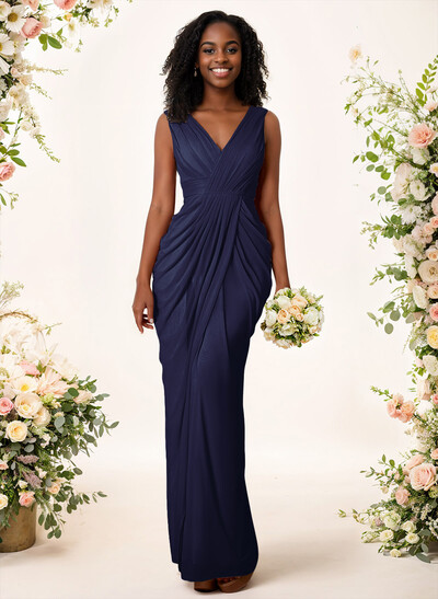 Sheath/Column V-Neck Sleeveless Floor-Length Chiffon Bridesmaid Dresses