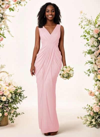 Sheath/Column V-Neck Sleeveless Floor-Length Chiffon Bridesmaid Dresses
