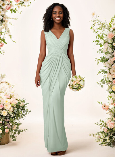 Sheath/Column V-Neck Sleeveless Floor-Length Chiffon Bridesmaid Dresses