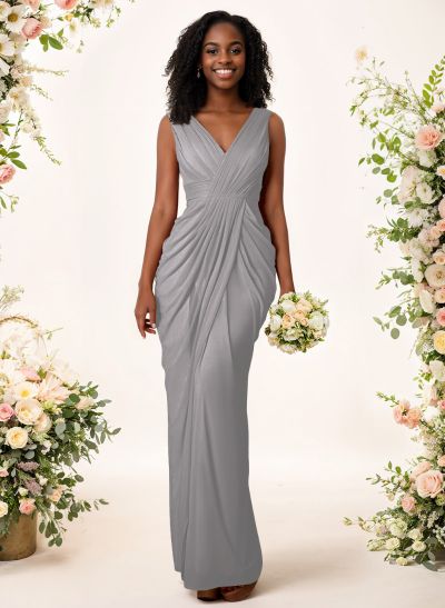 Sheath/Column V-Neck Sleeveless Floor-Length Chiffon Bridesmaid Dresses