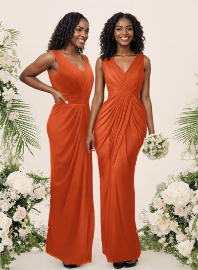 Sheath/Column V-Neck Sleeveless Floor-Length Chiffon Bridesmaid Dresses