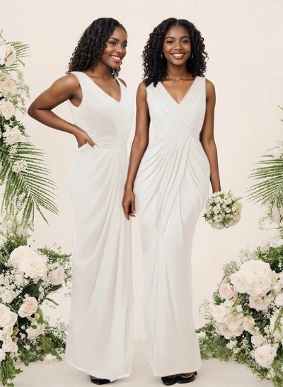Sheath/Column V-Neck Sleeveless Floor-Length Chiffon Bridesmaid Dresses