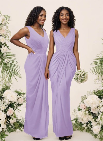 Sheath/Column V-Neck Sleeveless Floor-Length Chiffon Bridesmaid Dresses