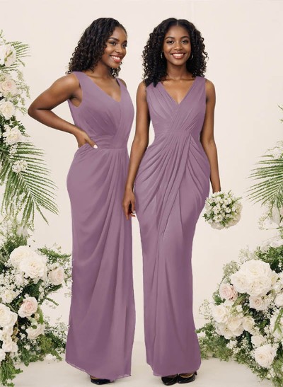 Sheath/Column V-Neck Sleeveless Floor-Length Chiffon Bridesmaid Dresses