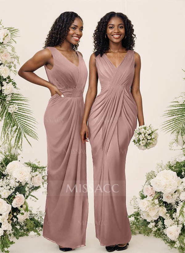 Sheath/Column V-Neck Sleeveless Floor-Length Chiffon Bridesmaid Dresses