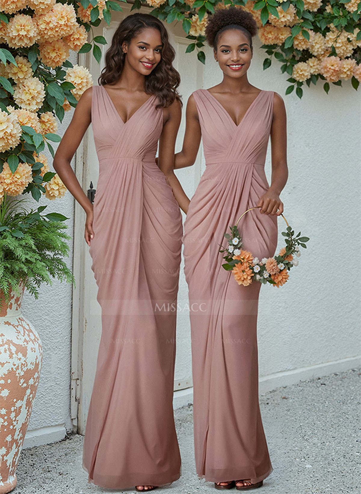 Sheath/Column V-Neck Sleeveless Floor-Length Chiffon Bridesmaid Dresses