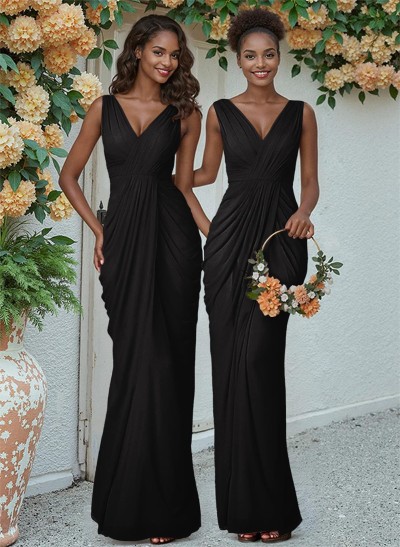 Sheath/Column V-Neck Sleeveless Floor-Length Chiffon Bridesmaid Dresses