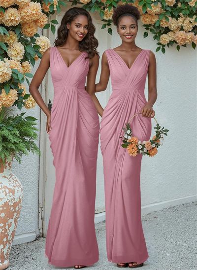 Sheath/Column V-Neck Sleeveless Floor-Length Chiffon Bridesmaid Dresses