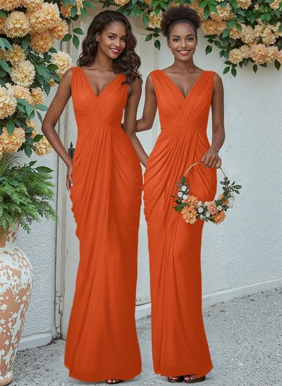 Sheath/Column V-Neck Sleeveless Floor-Length Chiffon Bridesmaid Dresses