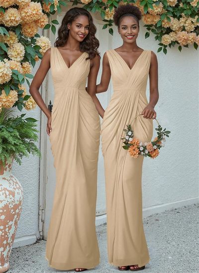 Sheath/Column V-Neck Sleeveless Floor-Length Chiffon Bridesmaid Dresses