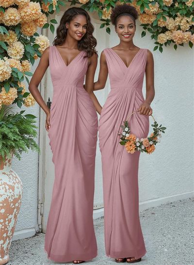 Sheath/Column V-Neck Sleeveless Floor-Length Chiffon Bridesmaid Dresses