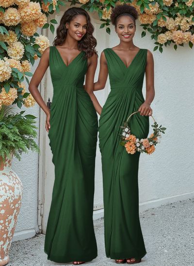 Sheath/Column V-Neck Sleeveless Floor-Length Chiffon Bridesmaid Dresses