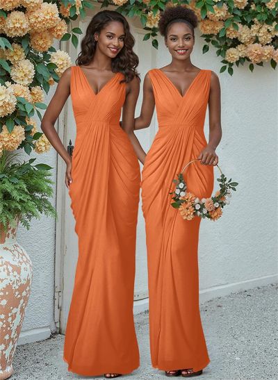 Sheath/Column V-Neck Sleeveless Floor-Length Chiffon Bridesmaid Dresses