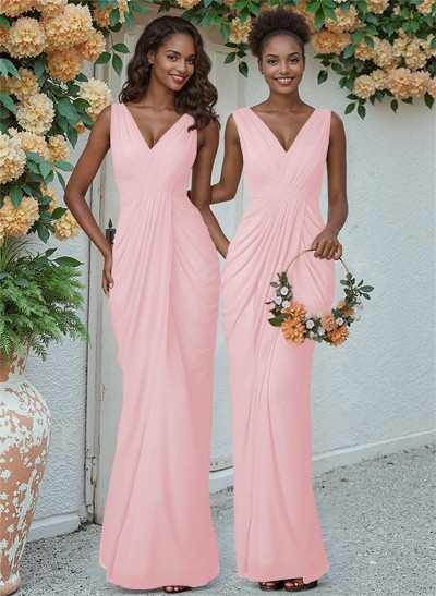 Sheath/Column V-Neck Sleeveless Floor-Length Chiffon Bridesmaid Dresses