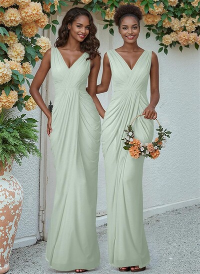 Sheath/Column V-Neck Sleeveless Floor-Length Chiffon Bridesmaid Dresses
