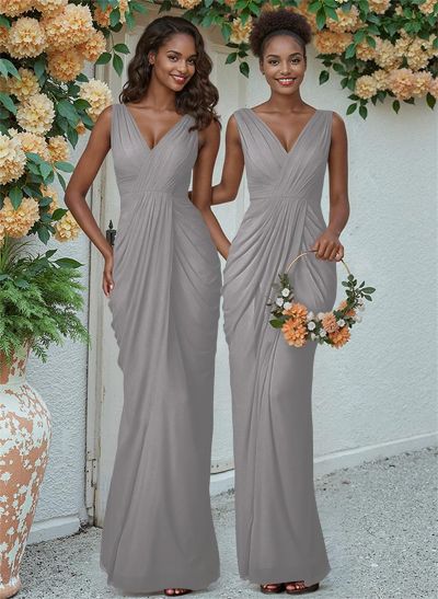 Sheath/Column V-Neck Sleeveless Floor-Length Chiffon Bridesmaid Dresses