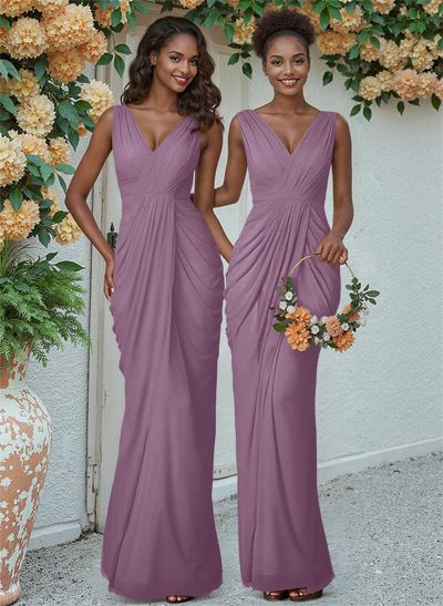 Sheath/Column V-Neck Sleeveless Floor-Length Chiffon Bridesmaid Dresses